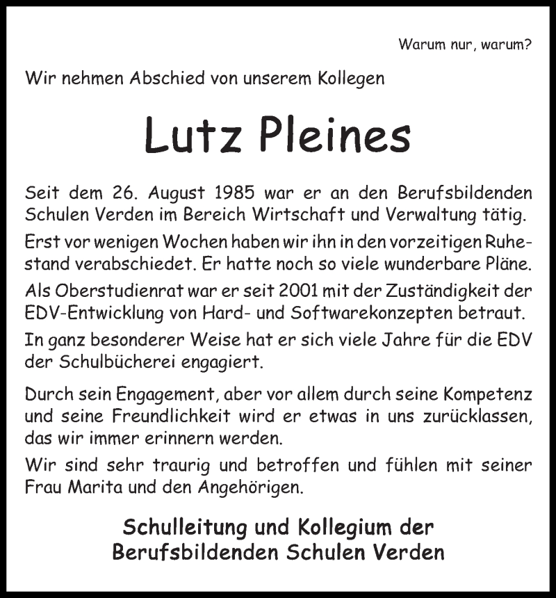  Traueranzeige für Lutz Pleines vom 15.08.2015 aus WESER-KURIER