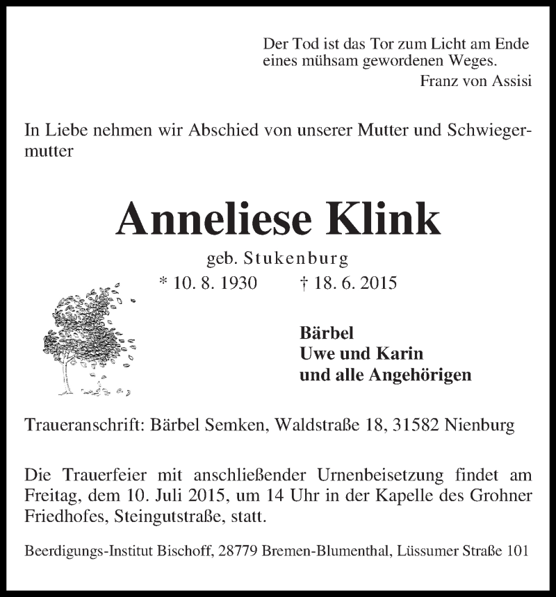 Traueranzeige von Anneliese Klink von Die Norddeutsche