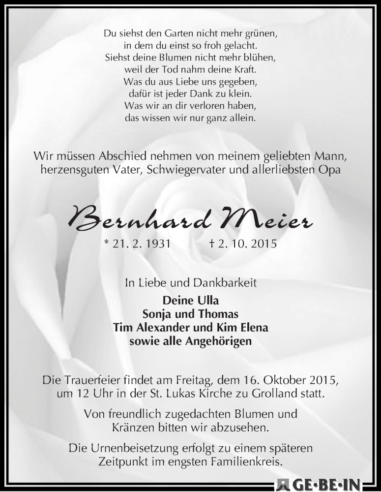 Traueranzeige von Bernhard Meier von WESER-KURIER