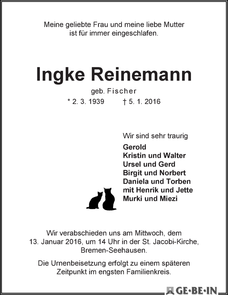 Traueranzeige von Ingke Reinemann von WESER-KURIER