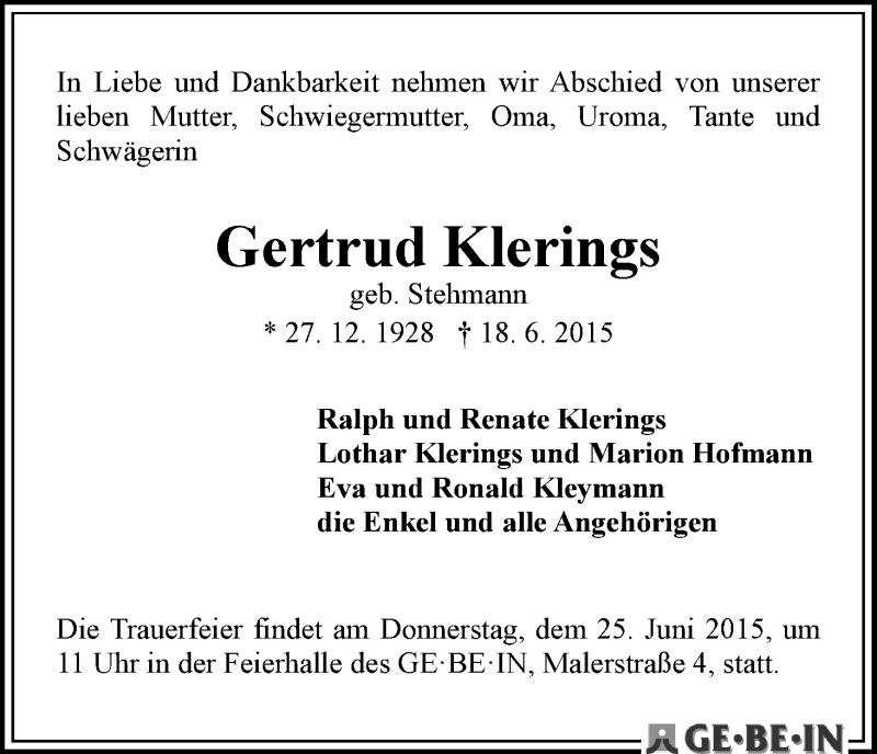 Traueranzeige von Gertrud Klerings von WESER-KURIER