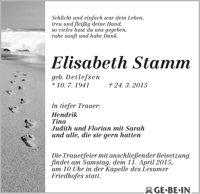 Traueranzeige von Elisabeth Stamm von WESER-KURIER