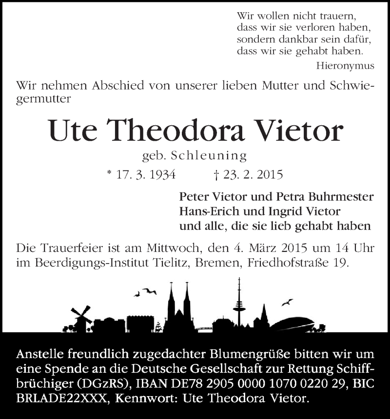 Traueranzeige von Ute Theodora Vietor von WESER-KURIER