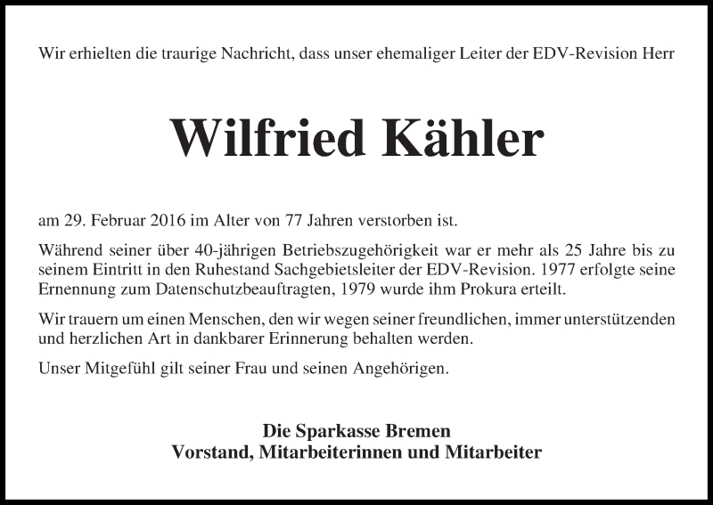 Traueranzeige von Wilfried Kähler von WESER-KURIER