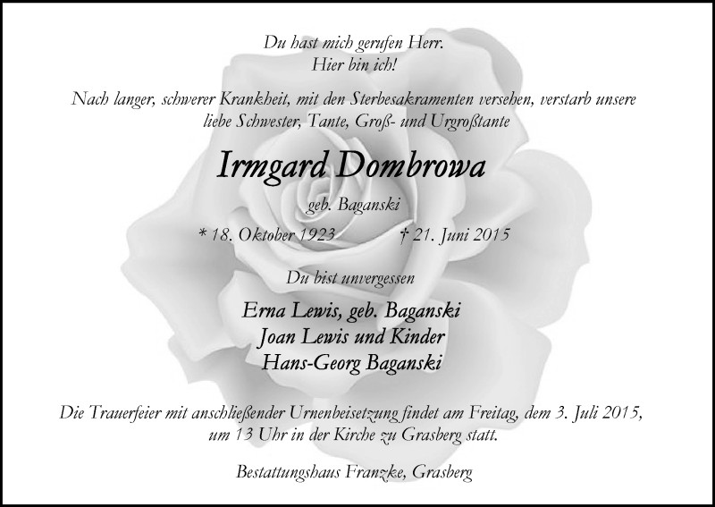 Traueranzeige von Irmgard Dombrowa von Wuemme Zeitung