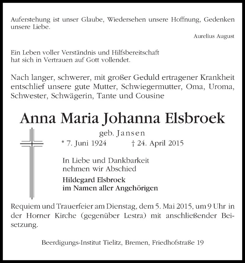 Traueranzeige von Anna Maria Johanna Elsbroek von WESER-KURIER