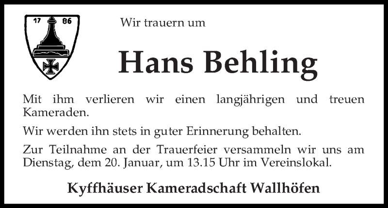 Traueranzeige für Hans Behling vom 17.01.2015 aus Osterholzer Kreisblatt