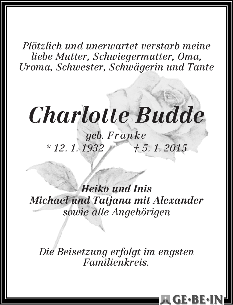 Traueranzeige von Charlotte Budde von WESER-KURIER