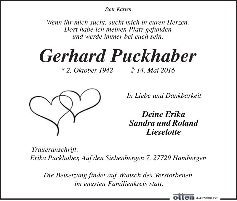 Traueranzeige von Gerhard Puckhaber von Osterholzer Kreisblatt