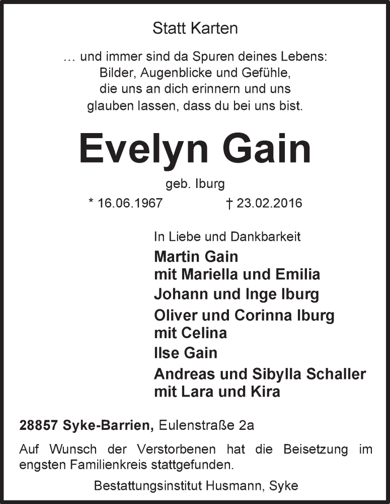 Traueranzeige von Evelyn Gain von WESER-KURIER