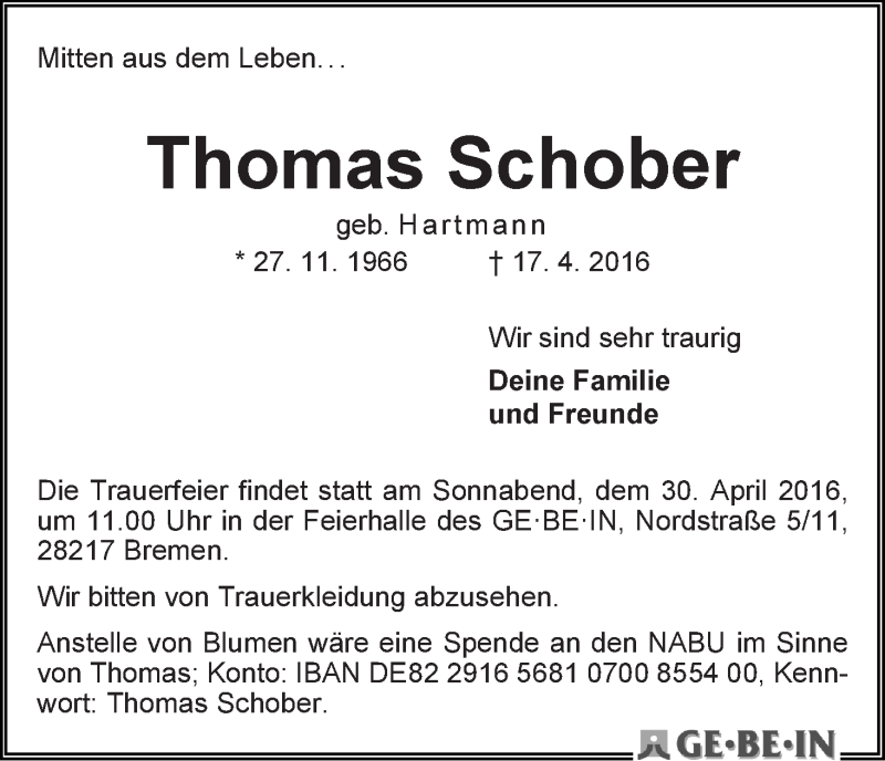  Traueranzeige für Thomas Schober vom 28.04.2016 aus WESER-KURIER
