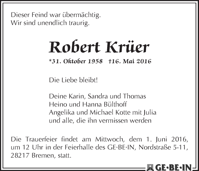 Traueranzeige von Robert Krüer von WESER-KURIER