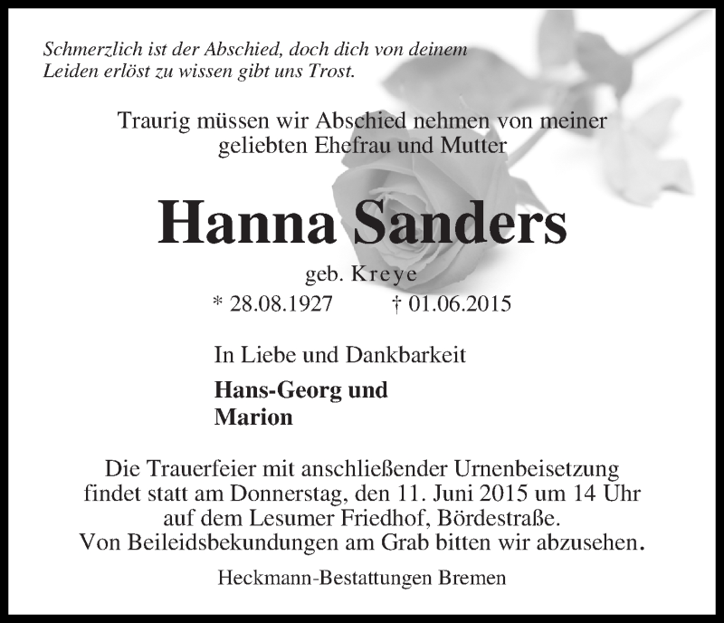 Traueranzeige von Hanna Sanders von Die Norddeutsche
