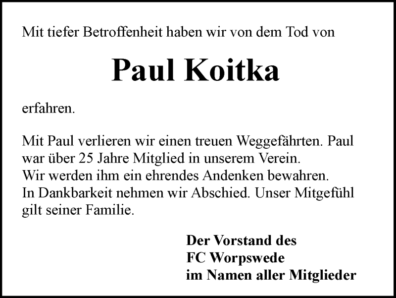 Traueranzeige von Paul Koitka von Wuemme Zeitung