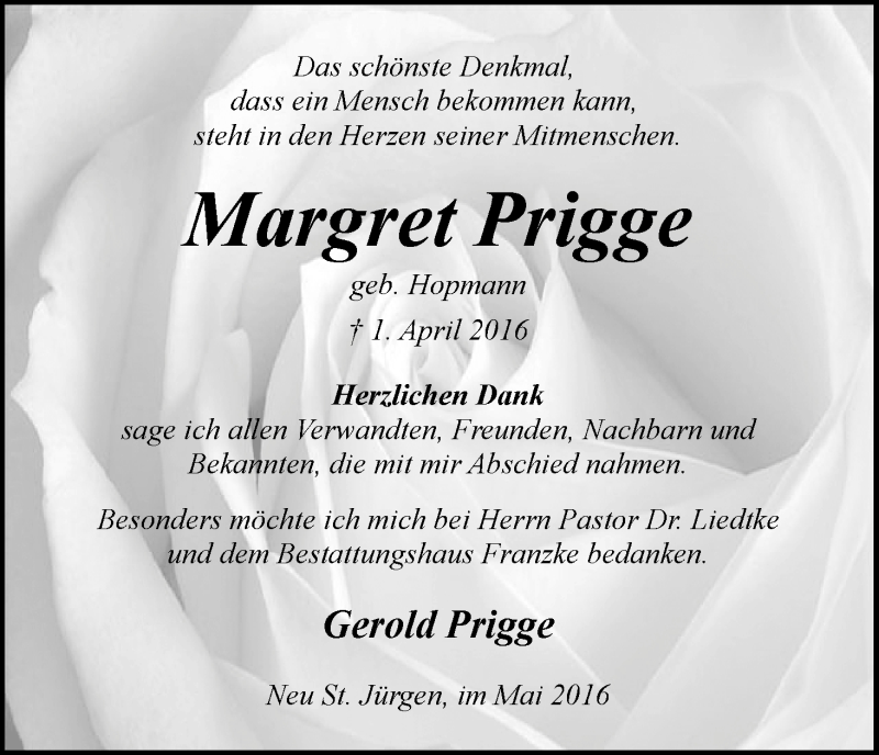 Traueranzeige von Margret Prigge von Wuemme Zeitung