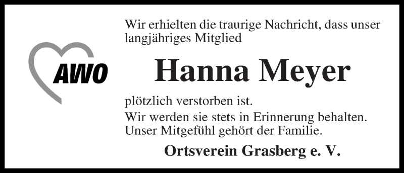 Traueranzeige von Hanna Meyer von Wuemme Zeitung