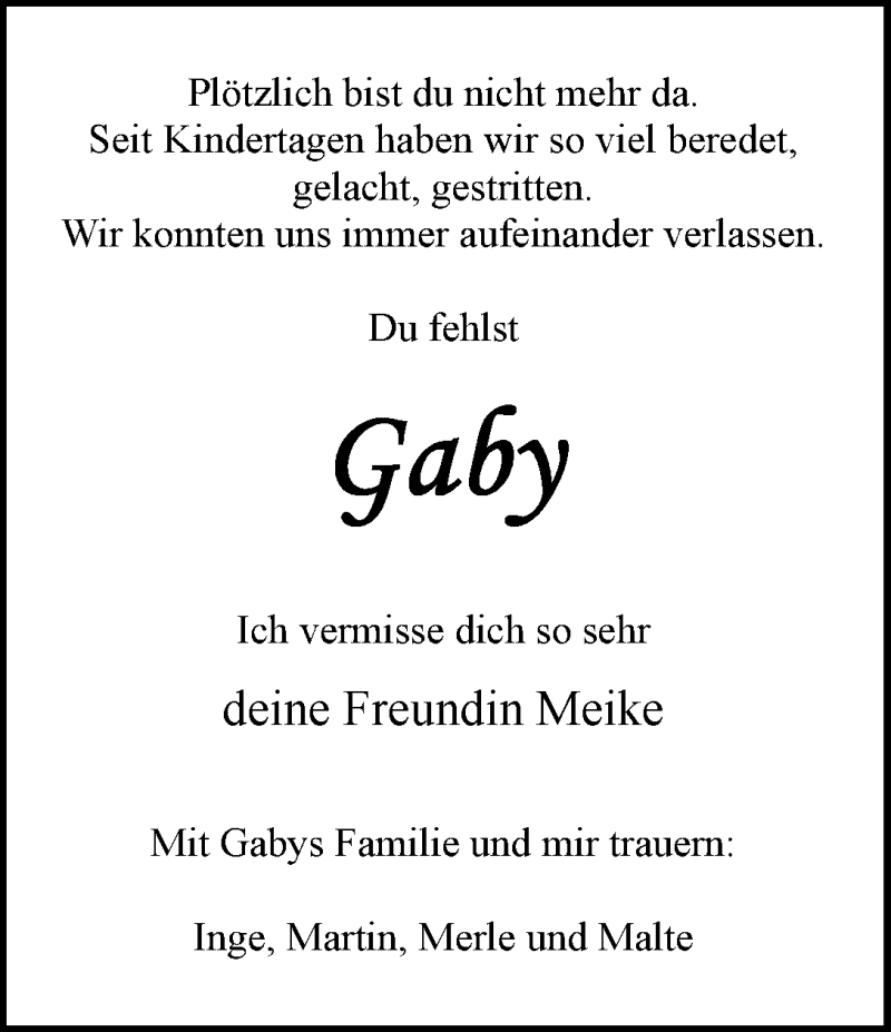  Traueranzeige für Gaby Zastrow vom 12.08.2015 aus WESER-KURIER