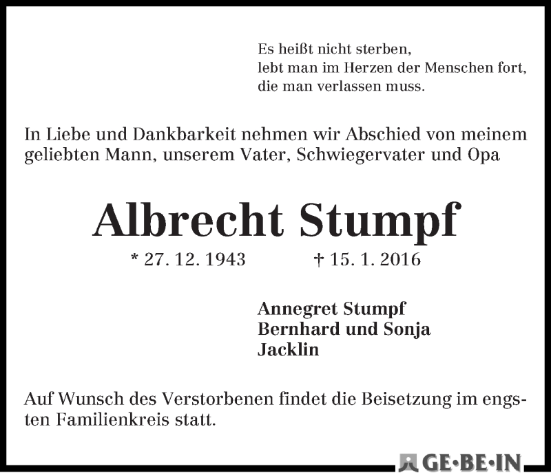 Traueranzeige von Albrecht Stumpf von WESER-KURIER