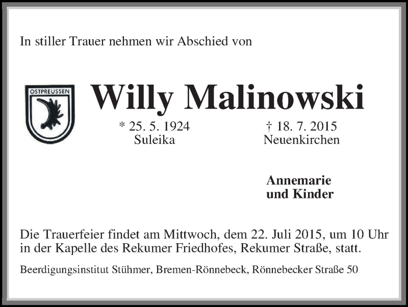 Traueranzeige von Willy Malinowski von Die Norddeutsche