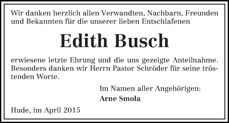 Traueranzeige von Edith Busch von Die Norddeutsche