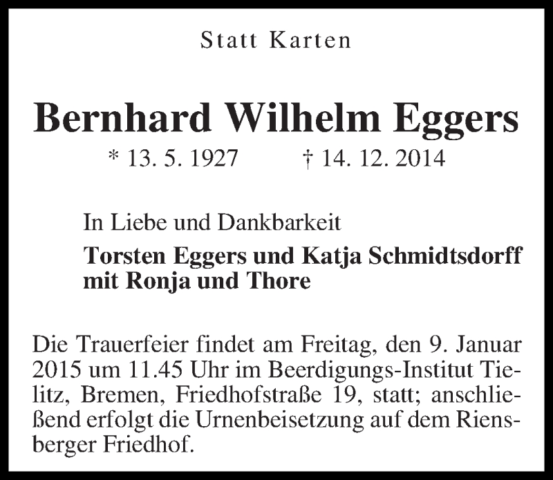 Traueranzeige von Bernhard Wilhelm Eggers von WESER-KURIER