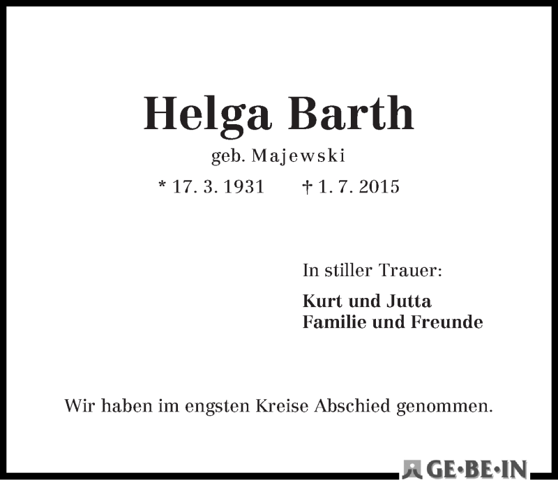 Traueranzeige von Helga Barth von WESER-KURIER