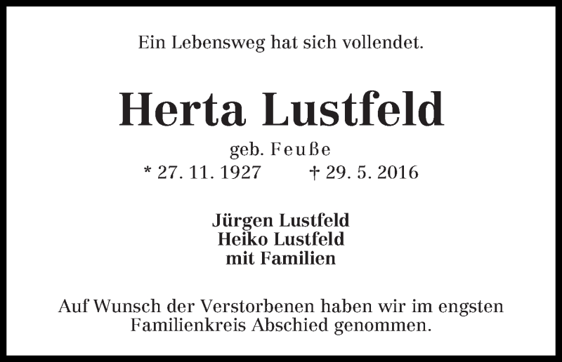 Traueranzeige von Herta Lustfeld von WESER-KURIER