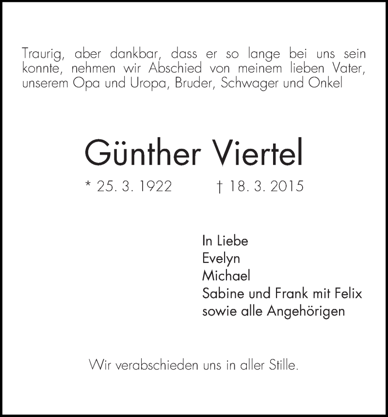  Traueranzeige für Günther Viertel vom 21.03.2015 aus WESER-KURIER