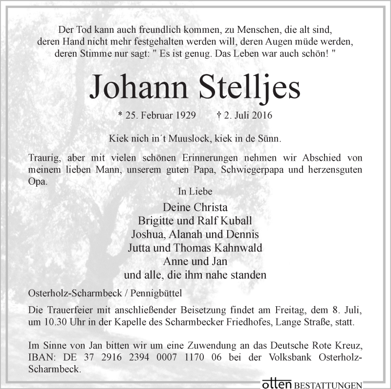 Traueranzeige von Johann Stelljes von Osterholzer Kreisblatt