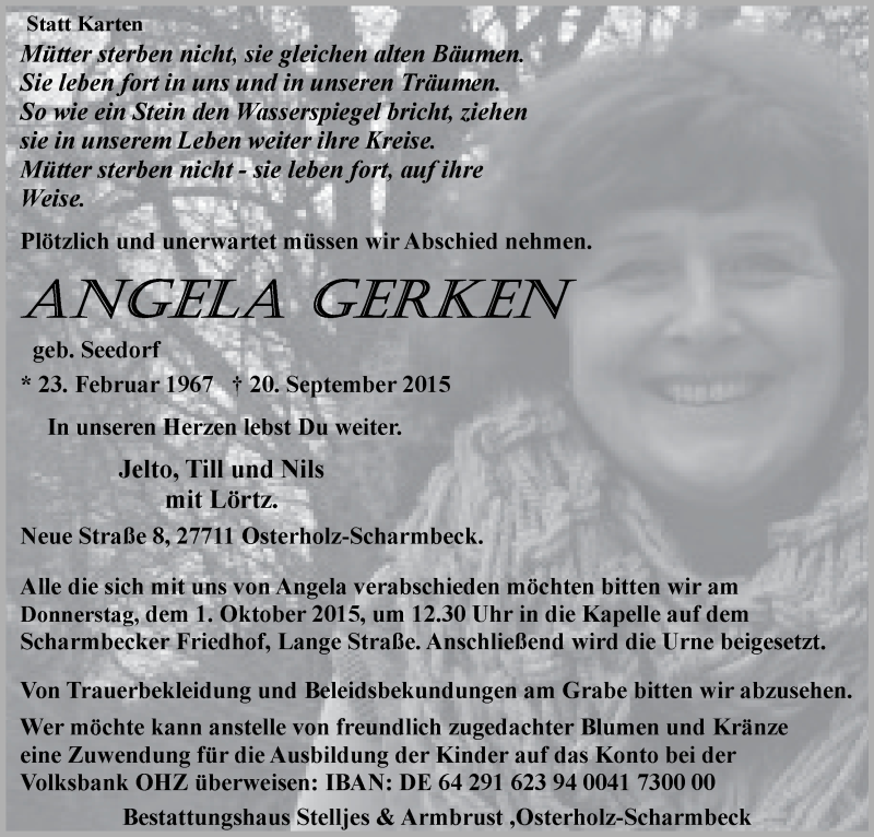  Traueranzeige für Angela Gerken vom 24.09.2015 aus Osterholzer Kreisblatt
