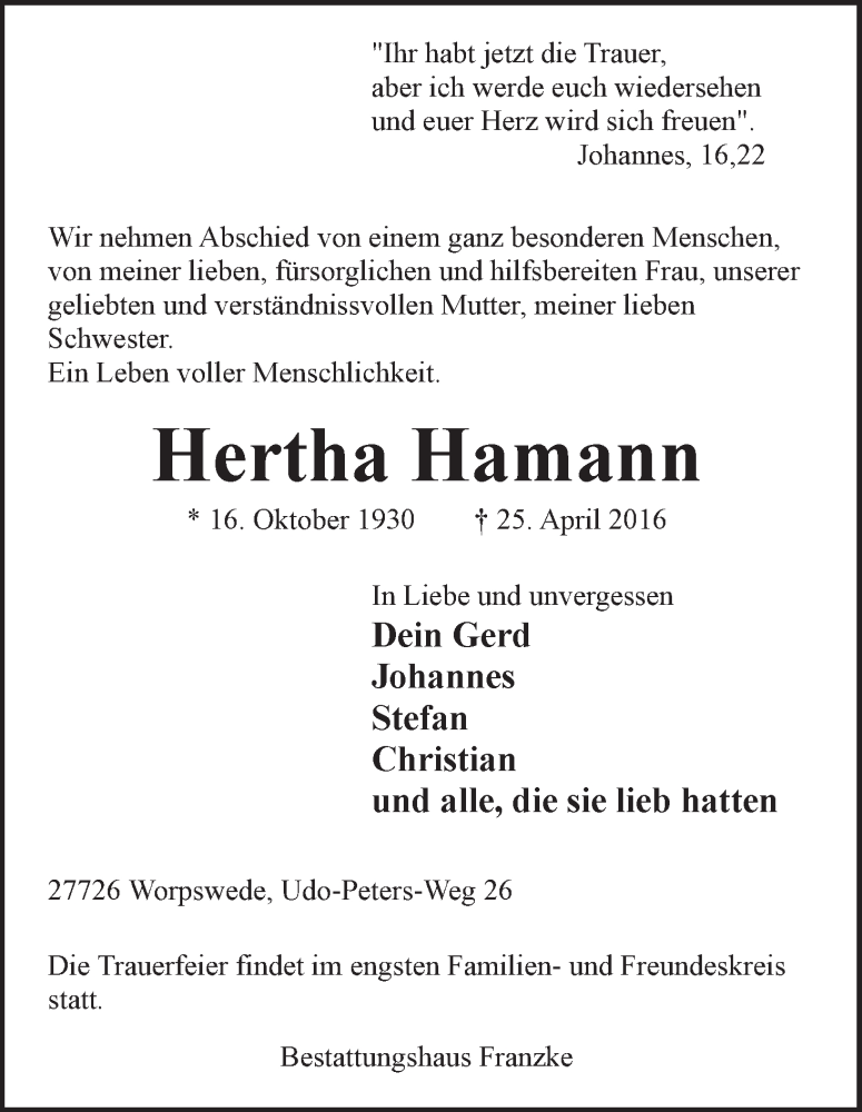 Traueranzeige von Hertha Hamann von Wuemme Zeitung