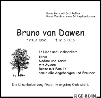 Traueranzeige von Bruno van Dawen