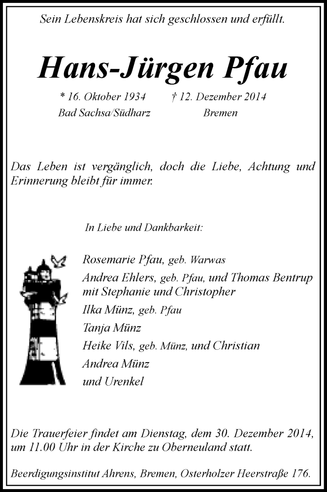 Traueranzeige von Hans-Jürgen Pfau von WESER-KURIER