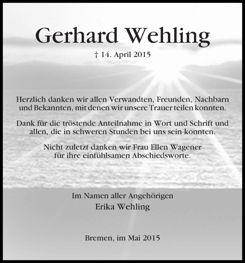 Traueranzeige von Gerhard Wehling von WESER-KURIER