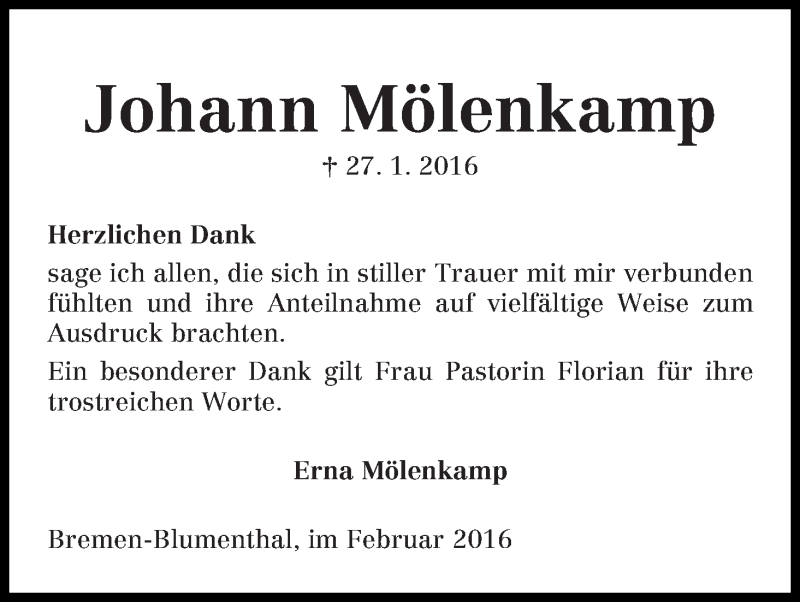 Traueranzeige von Johann Mölenkamp von Die Norddeutsche