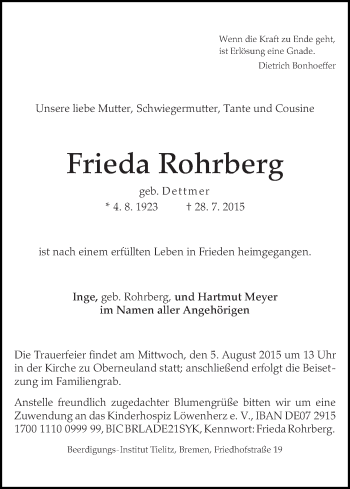 Traueranzeige von Frieda Rohrberg