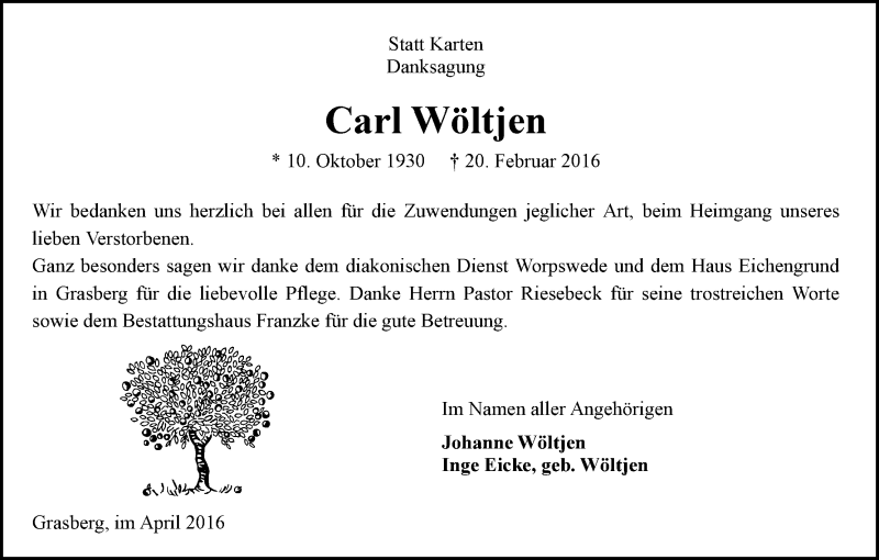 Traueranzeige von Carl Wöltjen von Wuemme Zeitung