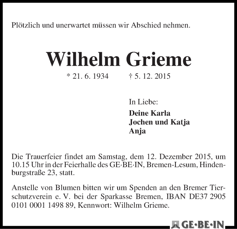 Traueranzeige von Wilhelm Grieme von WESER-KURIER