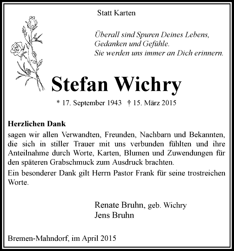 Traueranzeige von Stefan Wichry von WESER-KURIER