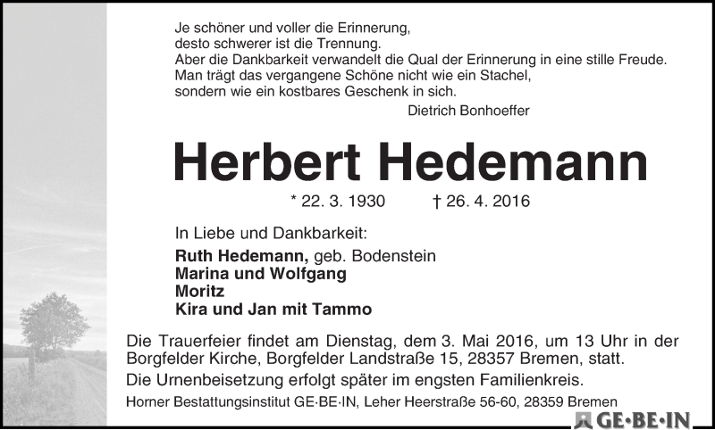 Traueranzeige von Herbert Hedemann von WESER-KURIER