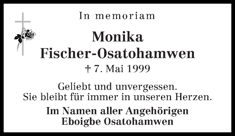 Traueranzeige für Monika Fischer-Osatohamwen vom 07.05.2015 aus WESER-KURIER
