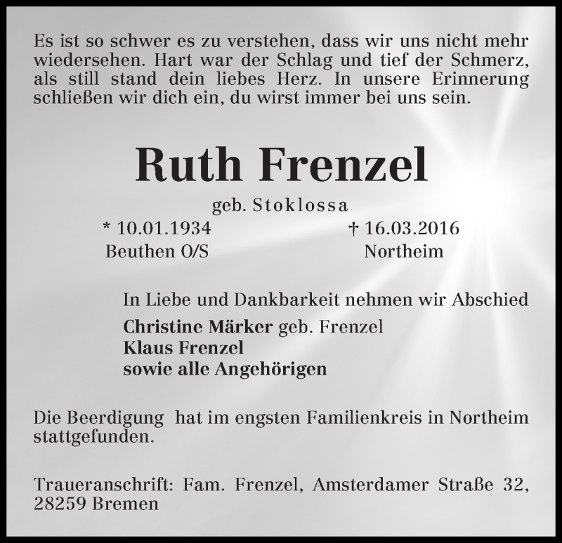  Traueranzeige für Ruth Frenzel vom 26.03.2016 aus WESER-KURIER
