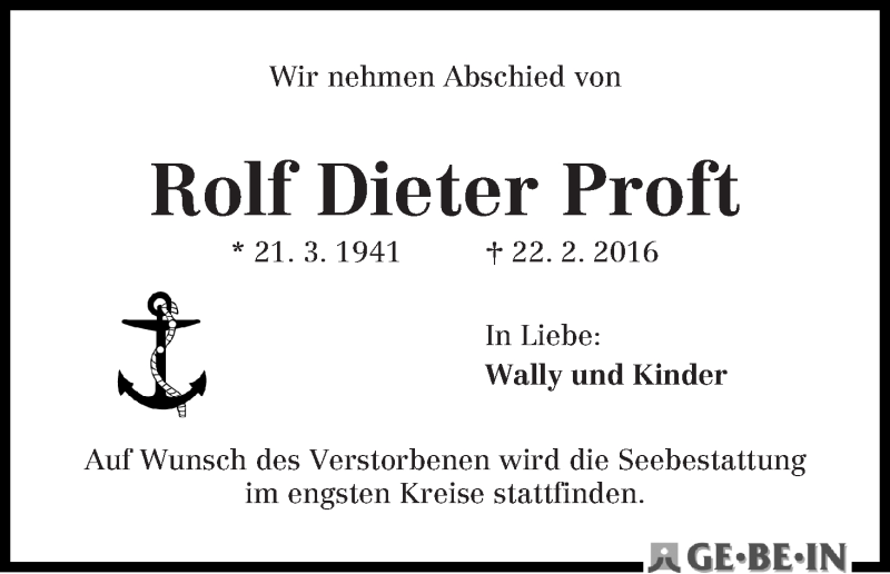Traueranzeige von Rolf Dieter Proft von WESER-KURIER