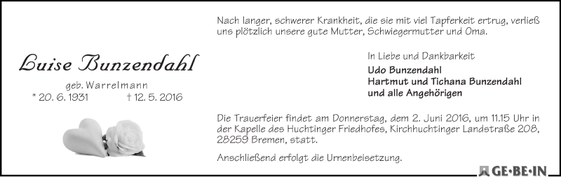 Traueranzeige von Luise Bunzendahl von WESER-KURIER