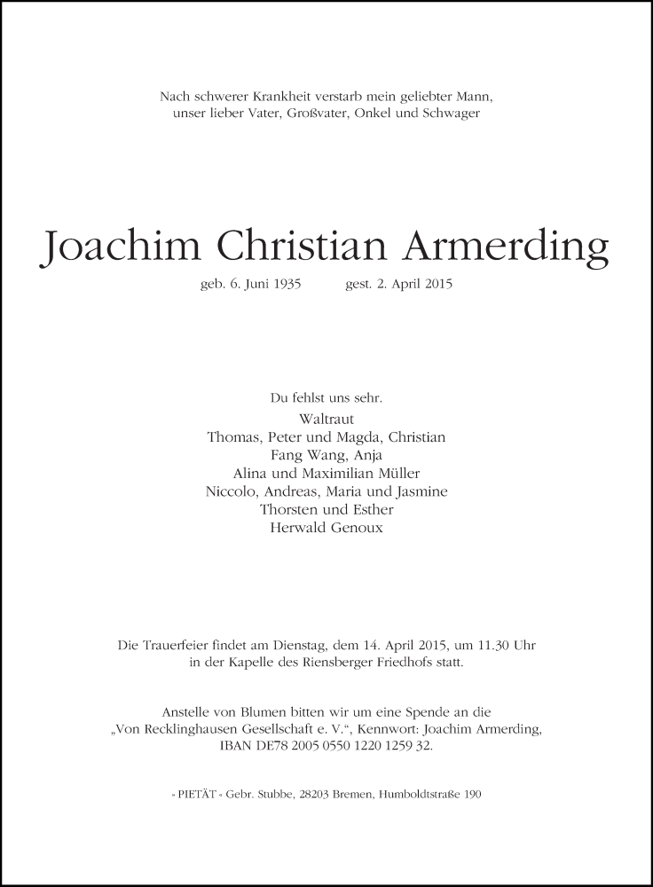 Traueranzeige von Joachim Christian Armerding von WESER-KURIER