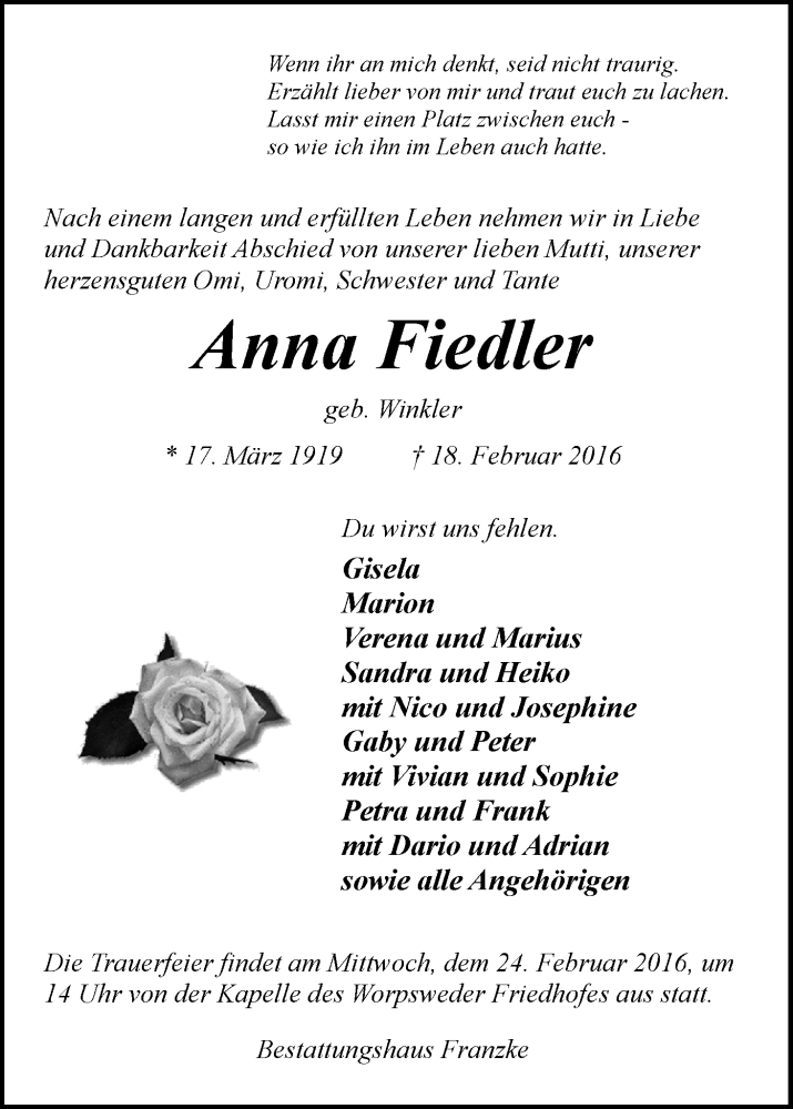 Traueranzeige von Anna Fiedler von Wuemme Zeitung