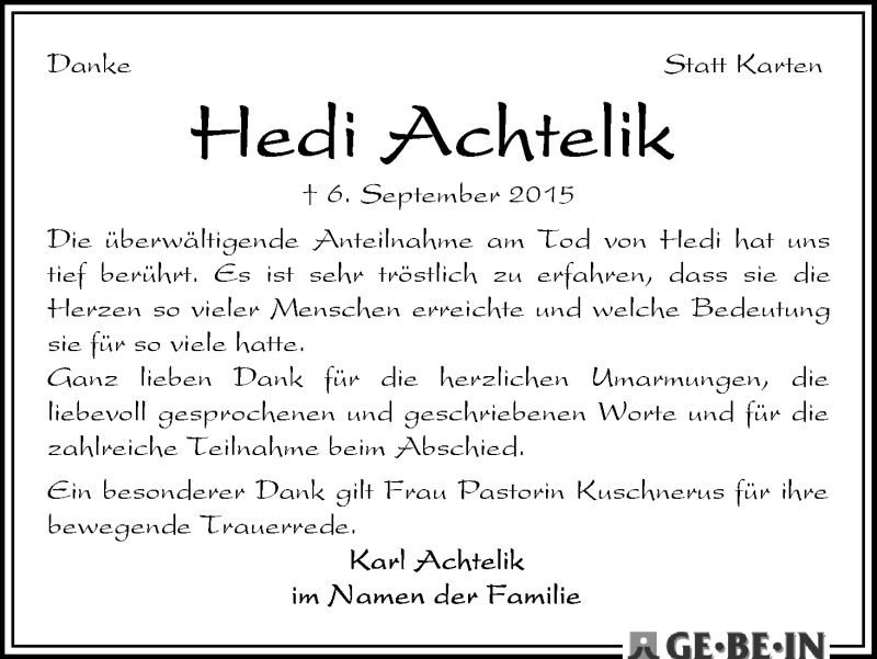 Traueranzeige von Hedwig Achtelik von WESER-KURIER