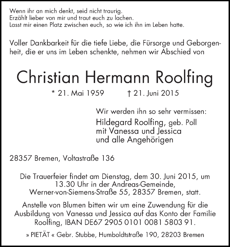 Traueranzeige von Christian Hermann Roolfing von WESER-KURIER