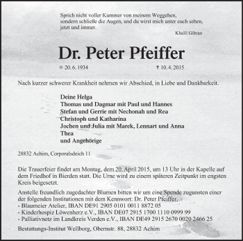 Traueranzeige von Peter Pfeiffer