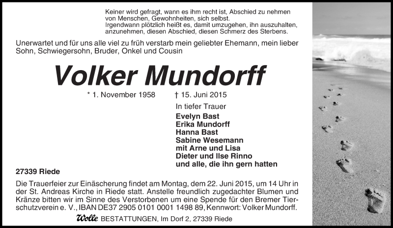  Traueranzeige für Volker Mundorff vom 18.06.2015 aus WESER-KURIER